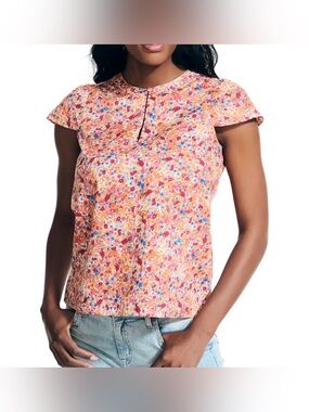Nautica Orange Floral Cap-Sleeve Keyhole Top